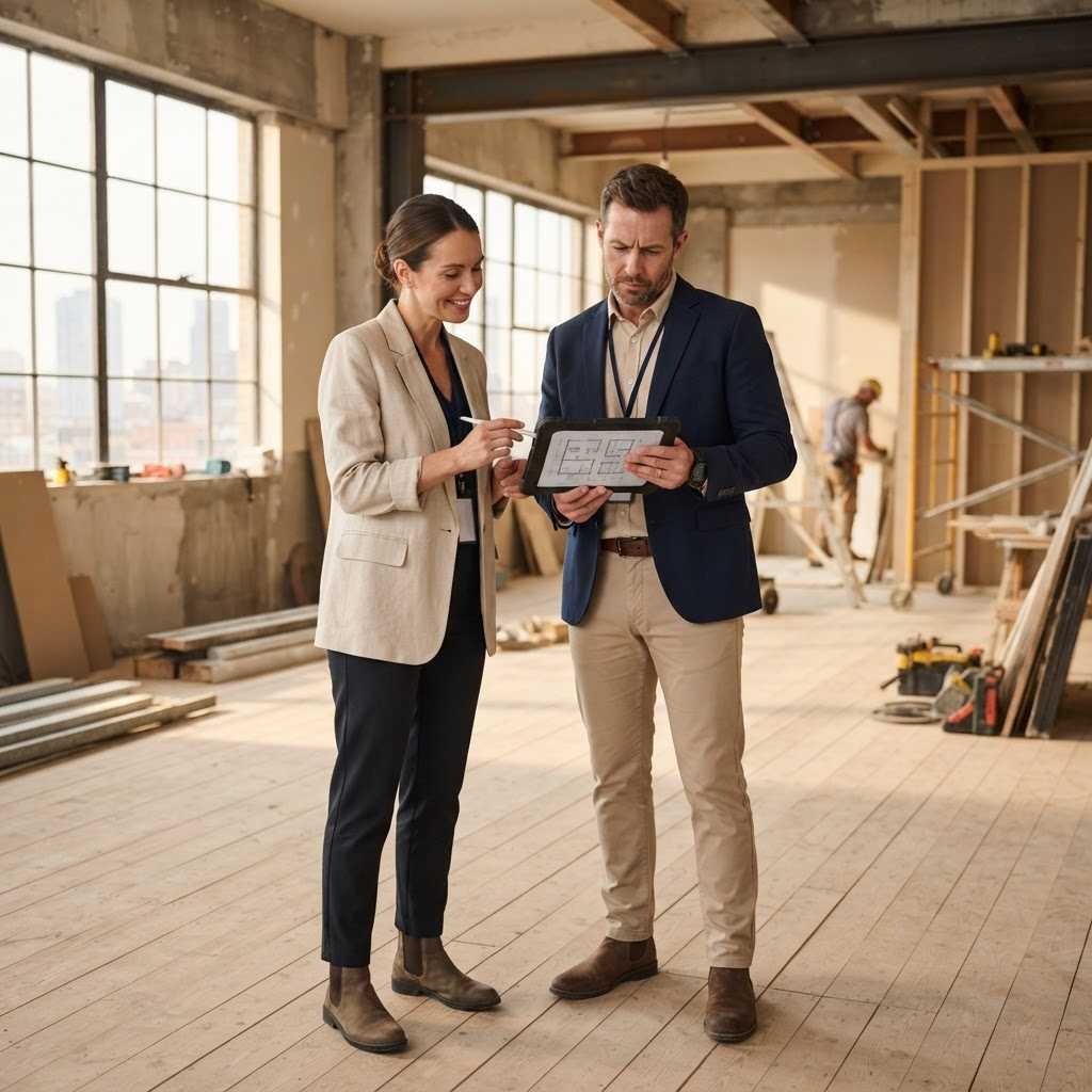 Project managers reviewing plans at a renovation site
