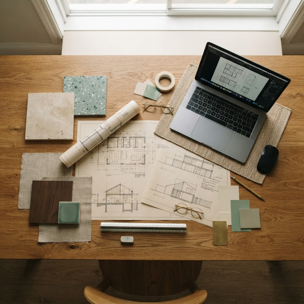 Construction planning with blueprints and material samples
